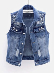 Denim Vest Luxury Pearls Fashion Ripped Autumn Jeans Jacket Sleeveless