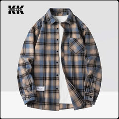 Plaid Flannel Sleeve Blue Loose Shirt