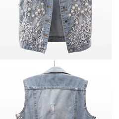 Denim Women Vest Luxury Pearl  Ripped  Jeans  Sleeveless Loose Short Coat