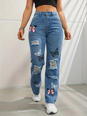 Butterfly Printing Denim Trousers