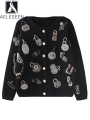 High Quality Autumn Winter Sweater Women Diamonds Pearls Beading Elegant Cardigan