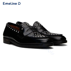 Personalized Studded Black Loafers Fashionable Slip-On Leather  Shoes