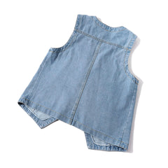 Sleeveless Denim Vest V Neck Button Jean Jacket Double Pocket