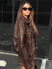 Locomotive Leather Jacket Skirts Vintage Lapel Zipper Pocket Overcoats Mini Skirt