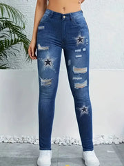 Star Pattern Printed Washed Hole High Waisted Stretch Denim Skinny Trousers