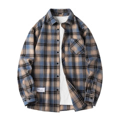 Plaid Flannel Sleeve Blue Loose Shirt