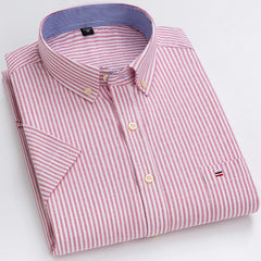 100% Pure Cotton  Oxford Short Sleeve Square Collar Solid Plaid Striped Shirt
