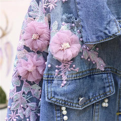 Embroidery Denim Short Jacket Applique Diamond Holes Coat