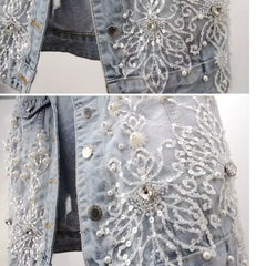 Denim Women Vest Luxury Pearl  Ripped  Jeans  Sleeveless Loose Short Coat