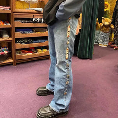 Classic Rivet Set Diamond Casual Cowboy Gemstone Craft Men Vintage Jeans Pants