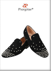 Black Cow Suede Slip-On Loafers With Handmade Silver Spikes