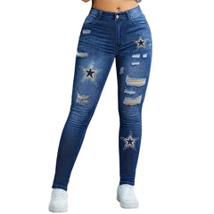 Star Pattern Printed Washed Hole High Waisted Stretch Denim Skinny Trousers
