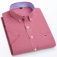100% Pure Cotton  Oxford Short Sleeve Square Collar Solid Plaid Striped Shirt