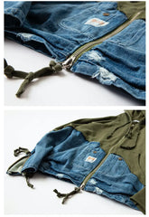 Denim Patchwork Sweatshirts Zipper Sleeve Pullover Hoodies