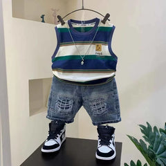 Striped Round Neck Pullover Cotton Sleeveless Shirt And Jeans Shorts 2pcs  Sport Suit