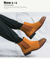 Handmade Chelsea Boots Flock Rivet Square Short Boots