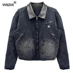 Heavy Duty Washed Vintage Leather Collar Jacket