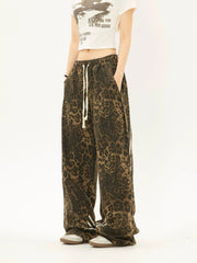 Side Spliced Striped Leopard Print Straight Pants