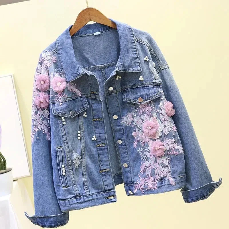 Embroidery Denim Short Jacket Applique Diamond Holes Coat
