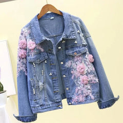 Embroidery Denim Short Jacket Applique Diamond Holes Coat