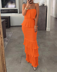Womens Dresses 2024 Summer Fashion Temperament Solid Color Sexy Bandeau Sleeveless Slim Fit Shirred Ruffle Layered Long Dress