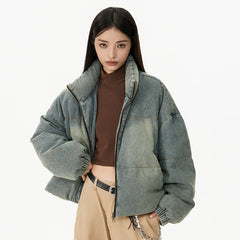 Retro American Neutral Denim Blue down Cotton Jacket