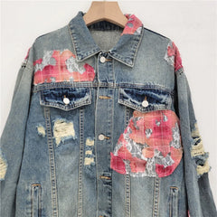 Handmade Lace Stitching Ripped Denim Coat American Style
