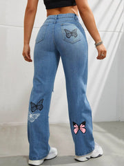 Butterfly Printing Denim Trousers