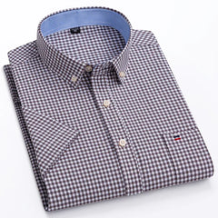 100% Pure Cotton  Oxford Short Sleeve Square Collar Solid Plaid Striped Shirt