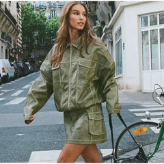 Locomotive Leather Jacket Skirts Vintage Lapel Zipper Pocket Overcoats Mini Skirt