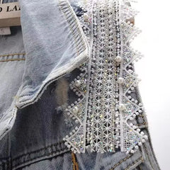 Denim Women Vest Luxury Pearl  Ripped  Jeans  Sleeveless Loose Short Coat