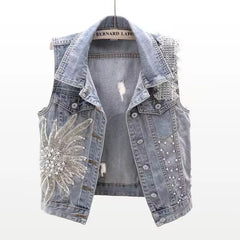 Denim Women Vest Luxury Pearl  Ripped  Jeans  Sleeveless Loose Short Coat