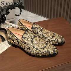 Stud Crystal Gold Shoes Embroidery Comfort Loafers Floral Flats Shoes