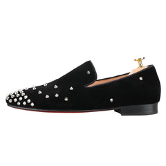 Black Cow Suede Slip-On Loafers With Handmade Silver Spikes