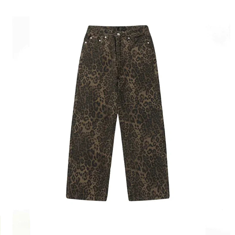 Baggy Leopard Print k Jeans Women High Waisted  Wide Leg Denim Pants