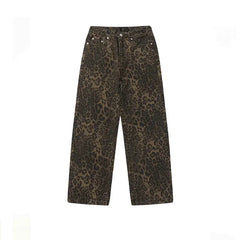Baggy Leopard Print k Jeans Women High Waisted  Wide Leg Denim Pants