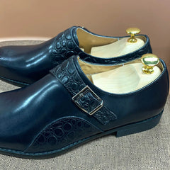 Luxury Alligator Print Handmade Genuine Calf Leather Monk Strap Shoes