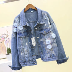 Embroidery Denim Short Jacket Applique Diamond Holes Coat