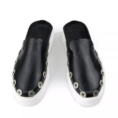 Genuine Leather Thick Sole Street Trendy Button Mule Shoes Slip on Loafers