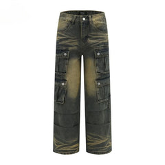 Street Personality Straight Tube Multi Pocket Work Clothes Jeans  Retro Pants