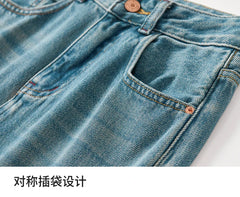 Cotton Jeans Pants Straight Vintage Denim High-waist Full-length Pockets Trousers