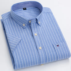100% Pure Cotton  Oxford Short Sleeve Square Collar Solid Plaid Striped Shirt