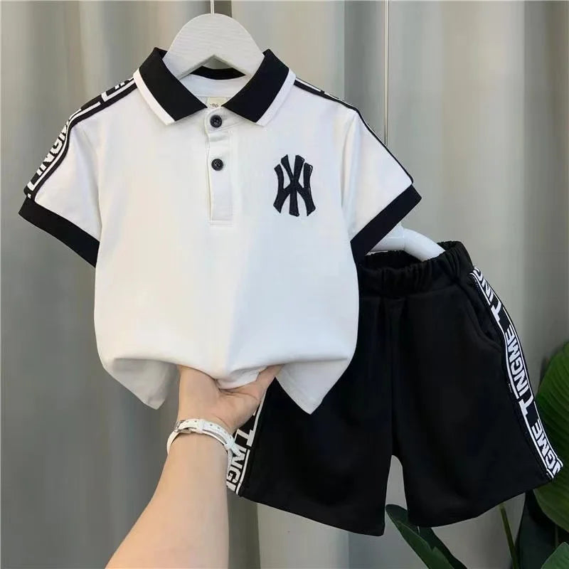 1 to 8 Years Old Letter Turn-down Collar T-shirts Tops and Shorts 2PCS Clothing Sets