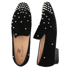 Black Cow Suede Slip-On Loafers With Handmade Silver Spikes