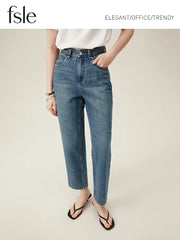 100% Cotton Cropped Jeans  Waist Straight Leg Denim Blue Pants
