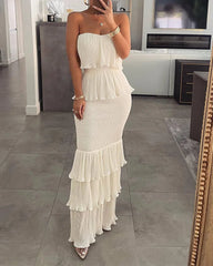 Womens Dresses 2024 Summer Fashion Temperament Solid Color Sexy Bandeau Sleeveless Slim Fit Shirred Ruffle Layered Long Dress
