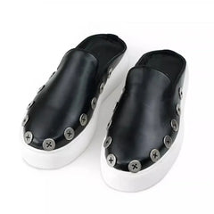 Genuine Leather Thick Sole Street Trendy Button Mule Shoes Slip on Loafers