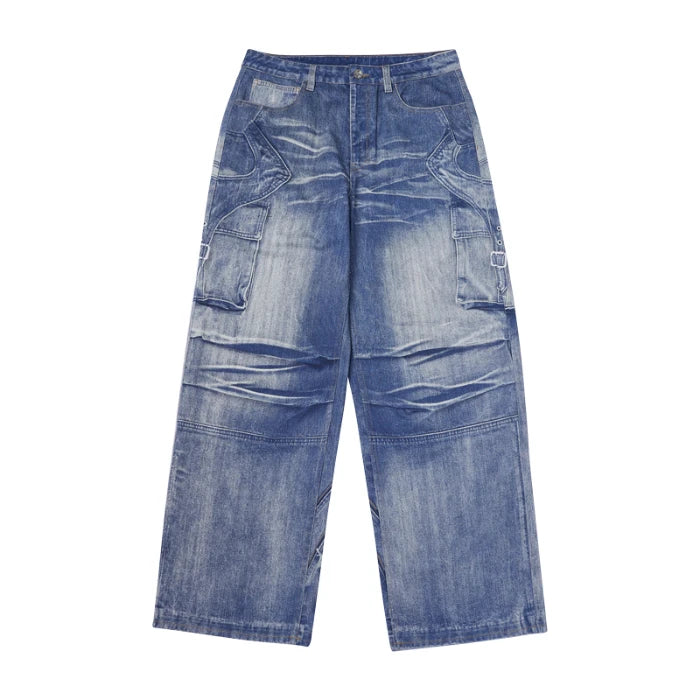 Retro Washed Worn Jeans  Straight Mopping Y2K Pants