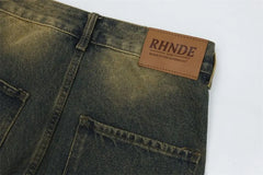 Street Personality Straight Tube Multi Pocket Work Clothes Jeans  Retro Pants
