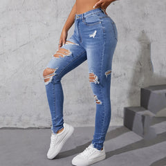 Hole Jeans  Ripped Skinny Raise Tail Push Up High Waist Denim Pants Trousers